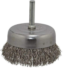 Made in USA - 2-3/4" Diam, 1/4" Shank Crimped Wire Stainless Steel Cup Brush - 0.014" Filament Diam, 7/8" Trim Length, 13,000 Max RPM - Exact Industrial Supply
