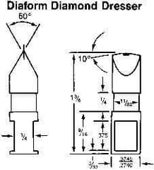 Made in USA - 0.015" Radius Single Point Diaform Diamond Dresser - 1-3/8" Long x 1/4" Shank Diam, 60° Included Angle - Exact Industrial Supply