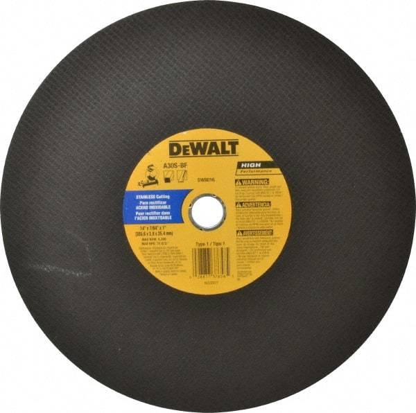 DeWALT - 14" Aluminum Oxide Cutoff Wheel - 7/64" Thick, 1" Arbor, 4,300 Max RPM, Use with Stationary Tools - Exact Industrial Supply