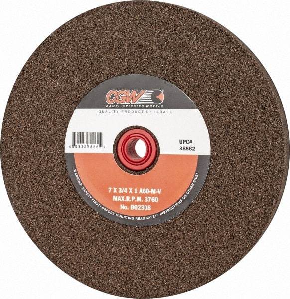 Camel Grinding Wheels - 60 Grit Aluminum Oxide Bench & Pedestal Grinding Wheel - 7" Diam x 1" Hole x 3/4" Thick, 3760 Max RPM, M Hardness, Medium Grade , Vitrified Bond - Exact Industrial Supply