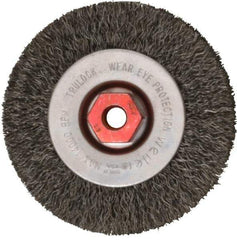 Weiler - 4" OD, M10x1.50 Arbor Hole, Crimped Steel Wheel Brush - 1/2" Face Width, 7/8" Trim Length, 0.014" Filament Diam, 14,000 RPM - Exact Industrial Supply