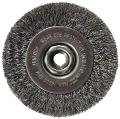 Weiler - 4" OD, 1/2-13 Arbor Hole, Crimped Steel Wheel Brush - 1/2" Face Width, 7/8" Trim Length, 0.014" Filament Diam, 14,000 RPM - Exact Industrial Supply