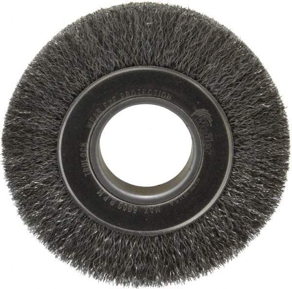 Weiler - 6" OD, 2" Arbor Hole, Crimped Steel Wheel Brush - 1" Face Width, 1-1/8" Trim Length, 0.0104" Filament Diam, 6,000 RPM - Exact Industrial Supply