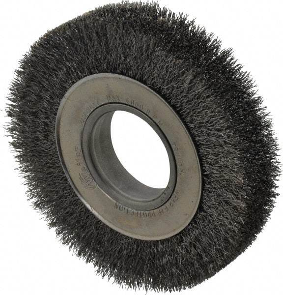 Weiler - 6" OD, 2" Arbor Hole, Crimped Steel Wheel Brush - 1-1/4" Face Width, 1-1/8" Trim Length, 0.0104" Filament Diam, 6,000 RPM - Exact Industrial Supply