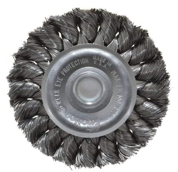 Weiler - 3" OD, 1/2" Arbor Hole, Knotted Steel Wheel Brush - 3/8" Face Width, 5/8" Trim Length, 0.0118" Filament Diam, 25,000 RPM - Exact Industrial Supply