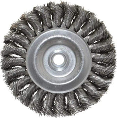 Weiler - 4" OD, 1/2" Arbor Hole, Knotted Steel Wheel Brush - 1/2" Face Width, 7/8" Trim Length, 0.014" Filament Diam, 20,000 RPM - Exact Industrial Supply