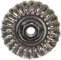 Weiler - 4" OD, 5/8-11 Arbor Hole, Knotted Stainless Steel Wheel Brush - 1/2" Face Width, 7/8" Trim Length, 0.014" Filament Diam, 20,000 RPM - Exact Industrial Supply