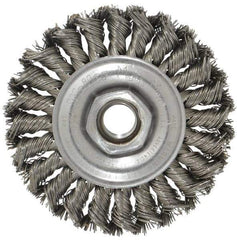 Weiler - 4" OD, 5/8-11 Arbor Hole, Knotted Steel Wheel Brush - 1/2" Face Width, 7/8" Trim Length, 0.02" Filament Diam, 20,000 RPM - Exact Industrial Supply