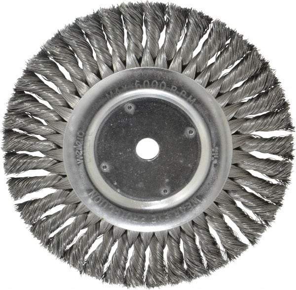 Weiler - 8" OD, 5/8" Arbor Hole, Knotted Steel Wheel Brush - 5/8" Face Width, 1-5/8" Trim Length, 0.014" Filament Diam, 6,000 RPM - Exact Industrial Supply