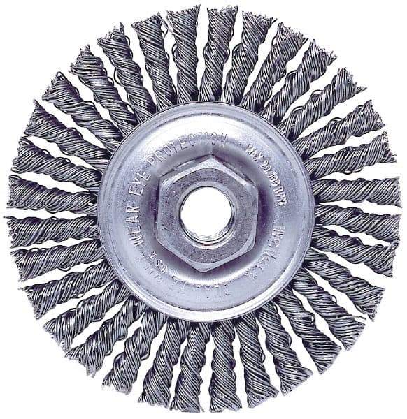 Weiler - 4" OD, M10x1.25 Arbor Hole, Knotted Stainless Steel Wheel Brush - 3/16" Face Width, 7/8" Trim Length, 0.02" Filament Diam, 20,000 RPM - Exact Industrial Supply