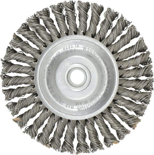 Weiler - 4" OD, 1/2" Arbor Hole, Knotted Steel Wheel Brush - 3/16" Face Width, 7/8" Trim Length, 0.02" Filament Diam, 20,000 RPM - Exact Industrial Supply