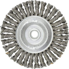 Weiler - 4" OD, 1/2" Arbor Hole, Knotted Steel Wheel Brush - 3/16" Face Width, 7/8" Trim Length, 0.02" Filament Diam, 20,000 RPM - Exact Industrial Supply