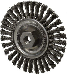 Weiler - 4" OD, 3/8-24 Arbor Hole, Knotted Steel Wheel Brush - 3/16" Face Width, 7/8" Trim Length, 0.02" Filament Diam, 20,000 RPM - Exact Industrial Supply