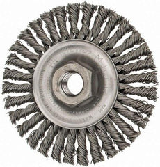 Weiler - 4" OD, 5/8-11 Arbor Hole, Knotted Steel Wheel Brush - 3/16" Face Width, 7/8" Trim Length, 0.02" Filament Diam, 20,000 RPM - Exact Industrial Supply