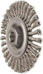 Weiler - 4" OD, 5/8-11 Arbor Hole, Knotted Stainless Steel Wheel Brush - 3/16" Face Width, 7/8" Trim Length, 0.02" Filament Diam, 20,000 RPM - Exact Industrial Supply
