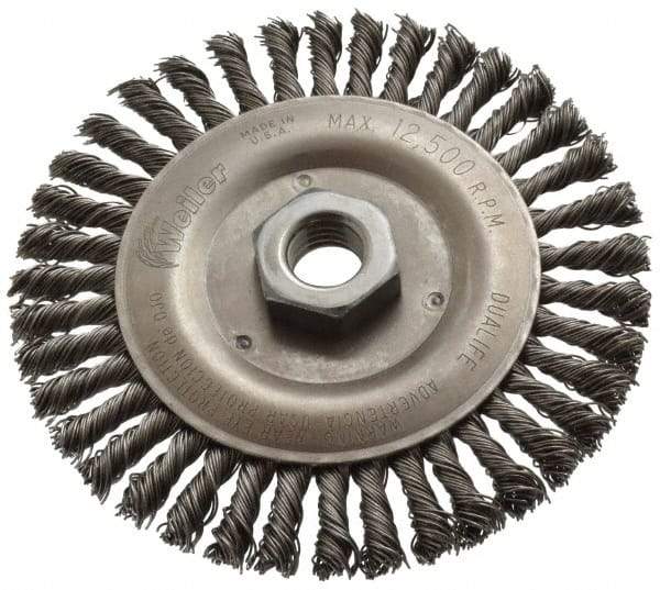 Weiler - 5" OD, 5/8-11 Arbor Hole, Knotted Steel Wheel Brush - 3/16" Face Width, 7/8" Trim Length, 0.02" Filament Diam, 12,500 RPM - Exact Industrial Supply