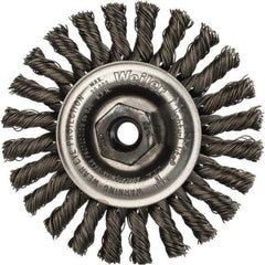 Weiler - 4" OD, M10x1.25 Arbor Hole, Knotted Steel Wheel Brush - 1/4" Face Width, 7/8" Trim Length, 0.02" Filament Diam, 20,000 RPM - Exact Industrial Supply