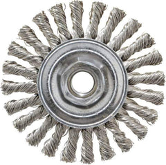 Weiler - 4" OD, 5/8-11 Arbor Hole, Knotted Stainless Steel Wheel Brush - 1/4" Face Width, 7/8" Trim Length, 0.02" Filament Diam, 20,000 RPM - Exact Industrial Supply