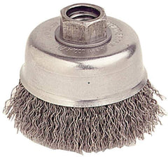 Weiler - 5" Diam, 5/8-11 Threaded Arbor, Stainless Steel Fill Cup Brush - 0.02 Wire Diam, 1-1/4" Trim Length, 8,000 Max RPM - Exact Industrial Supply