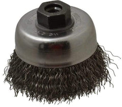 Weiler - 3" Diam, M10x1.25 Threaded Arbor, Steel Fill Cup Brush - 0.014 Wire Diam, 7/8" Trim Length, 14,000 Max RPM - Exact Industrial Supply