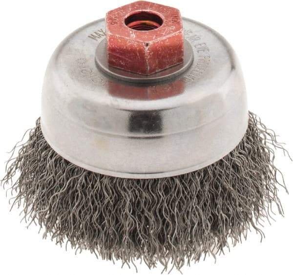 Weiler - 3" Diam, M10x1.50 Threaded Arbor, Steel Fill Cup Brush - 0.014 Wire Diam, 7/8" Trim Length, 14,000 Max RPM - Exact Industrial Supply