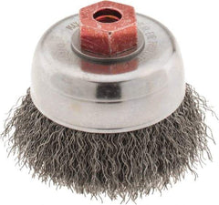 Weiler - 3" Diam, M10x1.50 Threaded Arbor, Steel Fill Cup Brush - 0.014 Wire Diam, 7/8" Trim Length, 14,000 Max RPM - Exact Industrial Supply