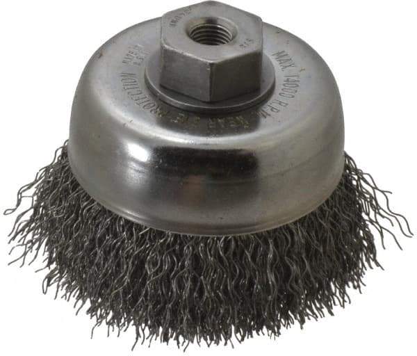 Weiler - 3" Diam, 3/8-24 Threaded Arbor, Steel Fill Cup Brush - 0.014 Wire Diam, 7/8" Trim Length, 14,000 Max RPM - Exact Industrial Supply