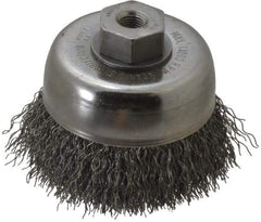 Weiler - 3" Diam, 3/8-24 Threaded Arbor, Steel Fill Cup Brush - 0.014 Wire Diam, 7/8" Trim Length, 14,000 Max RPM - Exact Industrial Supply