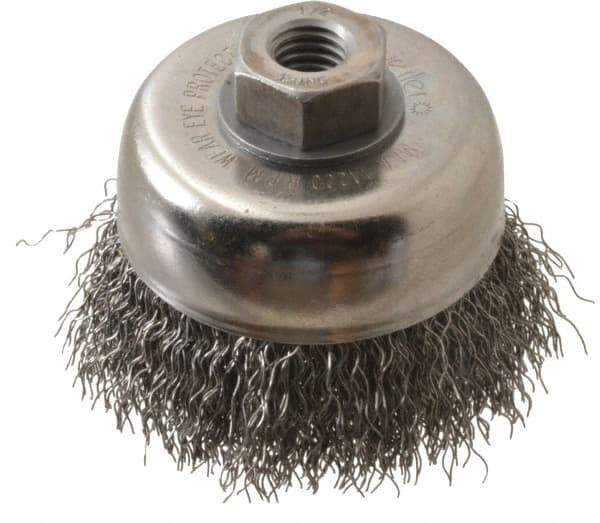 Weiler - 3" Diam, 1/2-13 Threaded Arbor, Steel Fill Cup Brush - 0.014 Wire Diam, 7/8" Trim Length, 14,000 Max RPM - Exact Industrial Supply