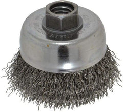 Weiler - 3" Diam, 5/8-11 Threaded Arbor, Steel Fill Cup Brush - 0.014 Wire Diam, 7/8" Trim Length, 14,000 Max RPM - Exact Industrial Supply