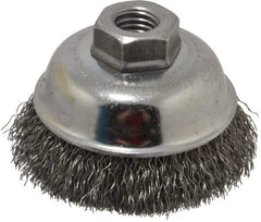 Weiler - 3-1/2" Diam, 5/8-11 Threaded Arbor, Steel Fill Cup Brush - 0.014 Wire Diam, 7/8" Trim Length, 12,000 Max RPM - Exact Industrial Supply