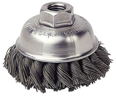 Weiler - 5" Diam, 5/8-11 Threaded Arbor, Steel Fill Cup Brush - 0.023 Wire Diam, 1-3/8" Trim Length, 7,000 Max RPM - Exact Industrial Supply