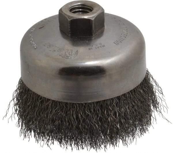 Weiler - 4" Diam, 5/8-11 Threaded Arbor, Steel Fill Cup Brush - 0.0118 Wire Diam, 1-3/8" Trim Length, 9,000 Max RPM - Exact Industrial Supply