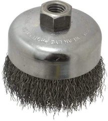 Weiler - 4" Diam, 5/8-11 Threaded Arbor, Steel Fill Cup Brush - 0.014 Wire Diam, 1-3/8" Trim Length, 9,000 Max RPM - Exact Industrial Supply