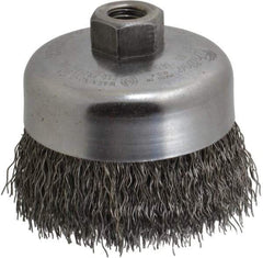 Weiler - 4" Diam, 5/8-11 Threaded Arbor, Steel Fill Cup Brush - 0.02 Wire Diam, 1-3/8" Trim Length, 9,000 Max RPM - Exact Industrial Supply