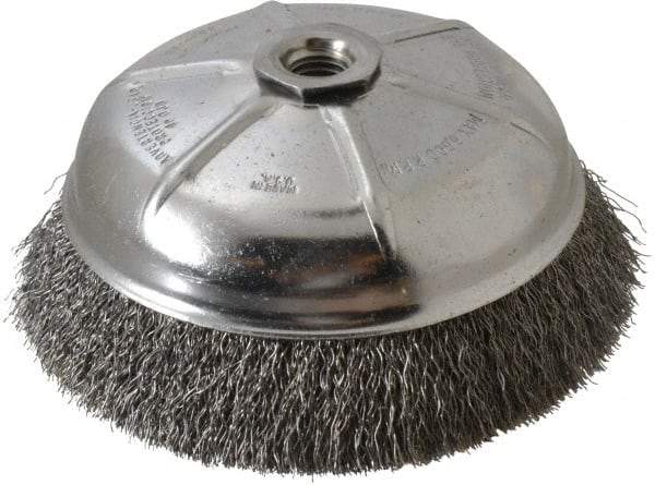 Weiler - 6" Diam, 5/8-11 Threaded Arbor, Steel Fill Cup Brush - 0.014 Wire Diam, 1-1/4" Trim Length, 6,600 Max RPM - Exact Industrial Supply