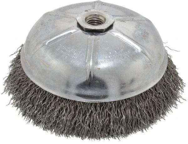 Weiler - 6" Diam, 5/8-11 Threaded Arbor, Steel Fill Cup Brush - 0.02 Wire Diam, 1-1/4" Trim Length, 6,600 Max RPM - Exact Industrial Supply