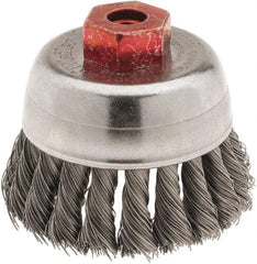 Weiler - 2-3/4" Diam, M10x1.50 Threaded Arbor, Steel Fill Cup Brush - 0.014 Wire Diam, 7/8" Trim Length, 14,000 Max RPM - Exact Industrial Supply