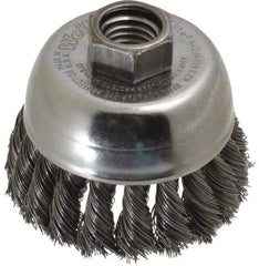 Weiler - 2-3/4" Diam, 5/8-11 Threaded Arbor, Steel Fill Cup Brush - 0.014 Wire Diam, 7/8" Trim Length, 14,000 Max RPM - Exact Industrial Supply