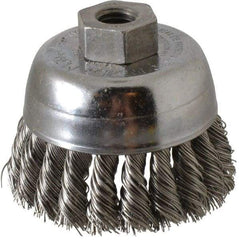 Weiler - 2-3/4" Diam, 1/2-13 Threaded Arbor, Stainless Steel Fill Cup Brush - 0.02 Wire Diam, 7/8" Trim Length, 14,000 Max RPM - Exact Industrial Supply