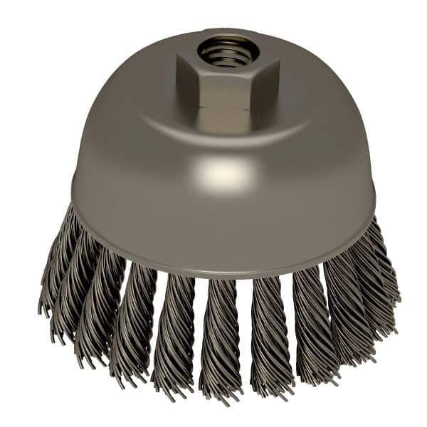 Weiler - 2-3/4" Diam, 5/8-11 Threaded Arbor, Stainless Steel Fill Cup Brush - 0.02 Wire Diam, 7/8" Trim Length, 14,000 Max RPM - Exact Industrial Supply