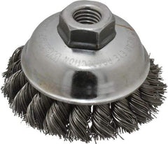 Weiler - 3-1/2" Diam, 5/8-11 Threaded Arbor, Steel Fill Cup Brush - 0.023 Wire Diam, 7/8" Trim Length, 13,000 Max RPM - Exact Industrial Supply