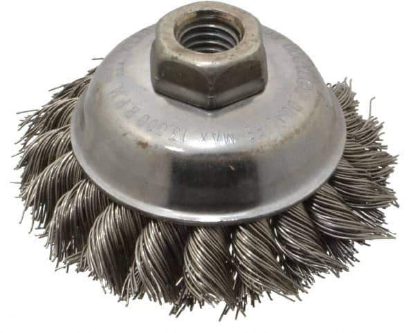 Weiler - 3-1/2" Diam, 5/8-11 Threaded Arbor, Stainless Steel Fill Cup Brush - 0.023 Wire Diam, 7/8" Trim Length, 13,000 Max RPM - Exact Industrial Supply