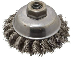 Weiler - 3-1/2" Diam, 5/8-11 Threaded Arbor, Stainless Steel Fill Cup Brush - 0.023 Wire Diam, 7/8" Trim Length, 13,000 Max RPM - Exact Industrial Supply