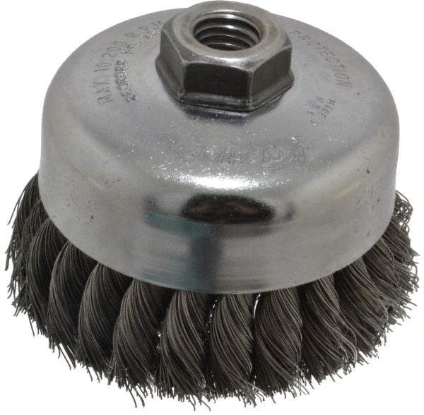 Weiler - 4" Diam, 5/8-11 Threaded Arbor, Steel Fill Cup Brush - 0.014 Wire Diam, 1-1/4" Trim Length, 9,000 Max RPM - Exact Industrial Supply