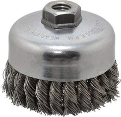 Weiler - 4" Diam, 5/8-11 Threaded Arbor, Steel Fill Cup Brush - 0.023 Wire Diam, 1-1/4" Trim Length, 9,000 Max RPM - Exact Industrial Supply