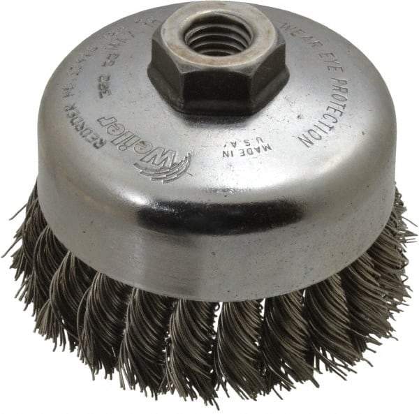 Weiler - 4" Diam, 5/8-11 Threaded Arbor, Stainless Steel Fill Cup Brush - 0.023 Wire Diam, 1-1/4" Trim Length, 9,000 Max RPM - Exact Industrial Supply