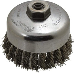 Weiler - 4" Diam, 5/8-11 Threaded Arbor, Stainless Steel Fill Cup Brush - 0.023 Wire Diam, 1-1/4" Trim Length, 9,000 Max RPM - Exact Industrial Supply