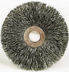 Weiler - 15" OD, 1-1/4" Arbor Hole, Crimped Steel Wheel Brush - 3/4" Face Width, 4-7/16" Trim Length, 0.014" Filament Diam, 3,000 RPM - Exact Industrial Supply