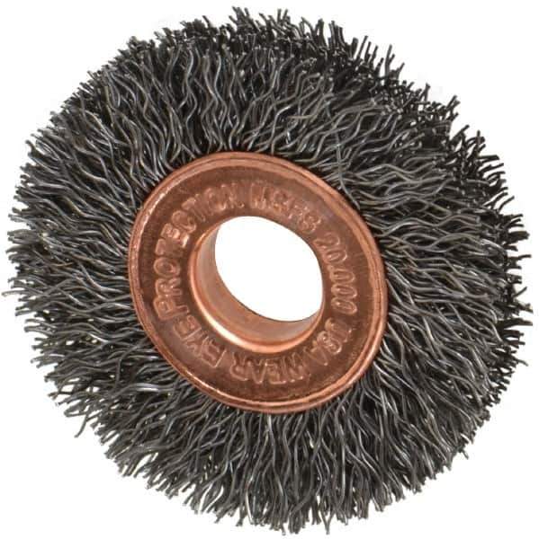 Weiler - 1-1/2" OD, 3/8" Arbor Hole, Crimped Steel Wheel Brush - 1/4" Face Width, 7/16" Trim Length, 0.0104" Filament Diam, 20,000 RPM - Exact Industrial Supply